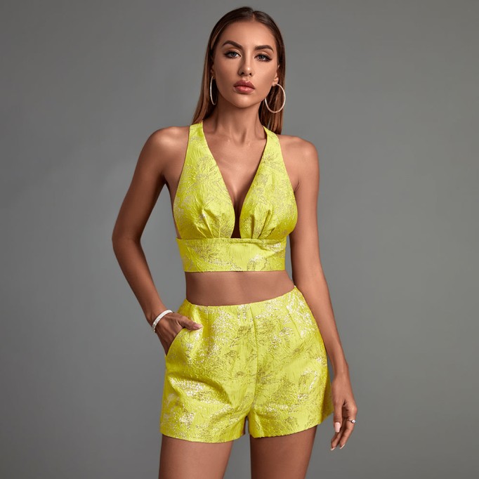 Jacquard Plunge Neckline Shorts Suit